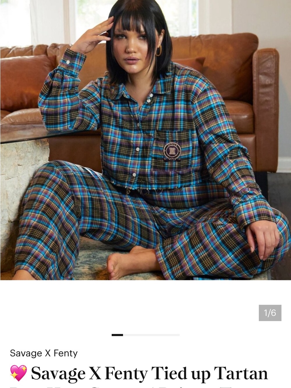 Savage X Fenty Blue & Brown Tartan Pajama Set NWT